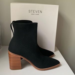Steven Nara, black, ribbed stretch material.  Stacked, 3” wood heel.
